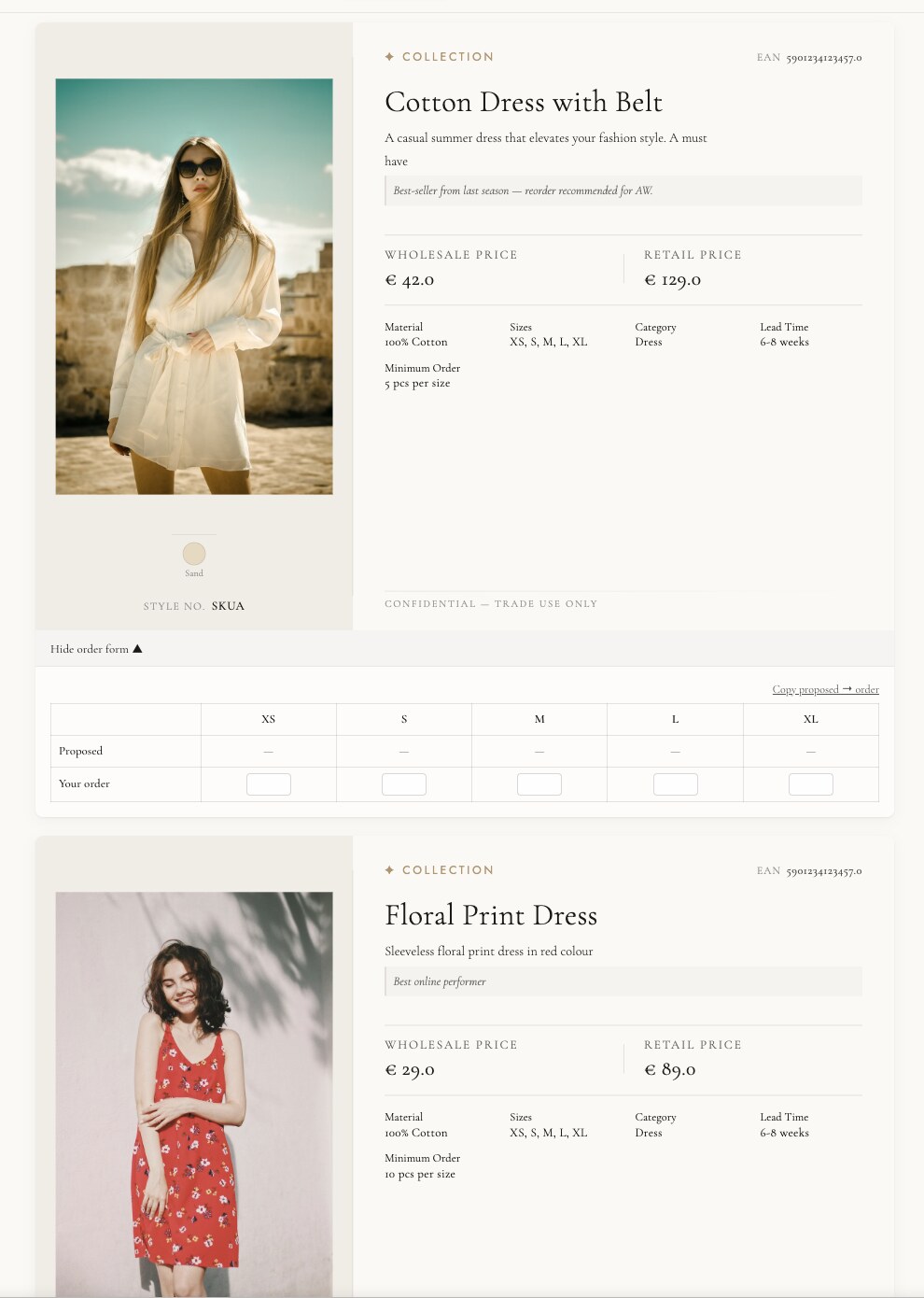 Live order form showing a product with a proposed vs. actual quantity grid by size