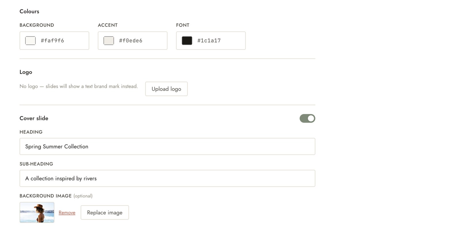 Personalization screen showing background and accent colour pickers, logo upload, and cover slide fields