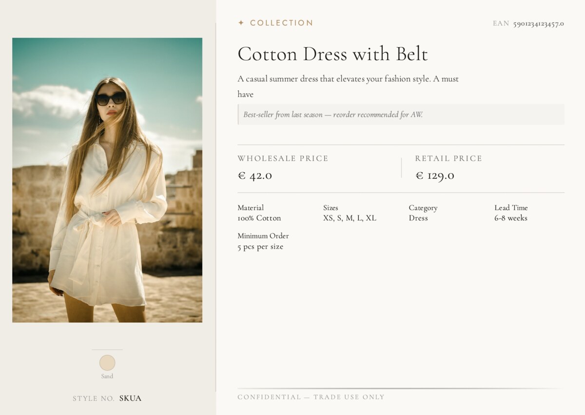 Generated catalogue slide for a product, styled and branded