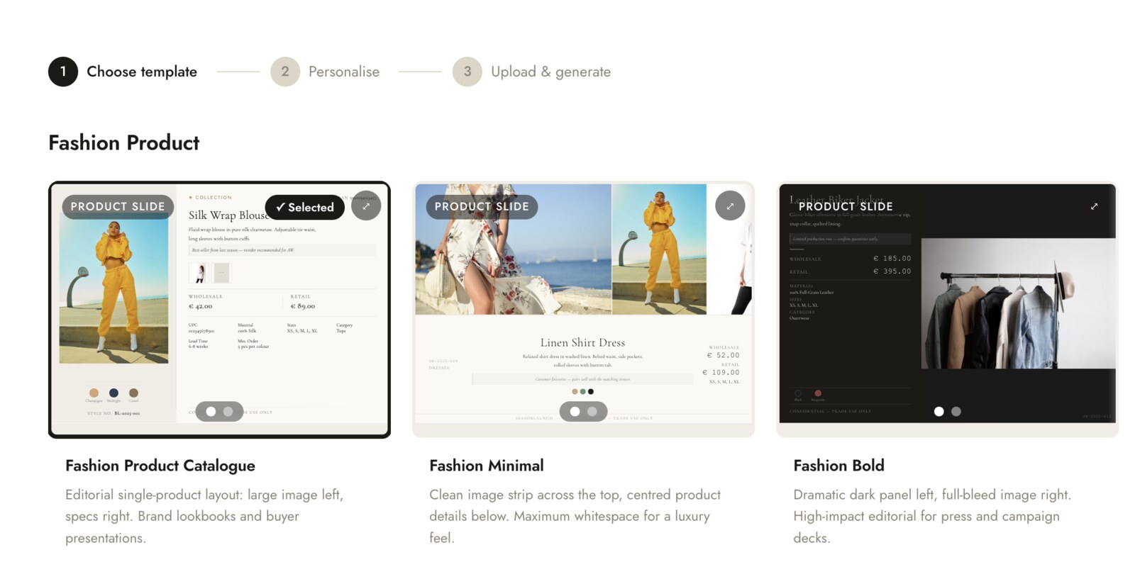 Template picker showing Fashion Product Catalogue, Fashion Minimal, and Fashion Bold templates with live previews